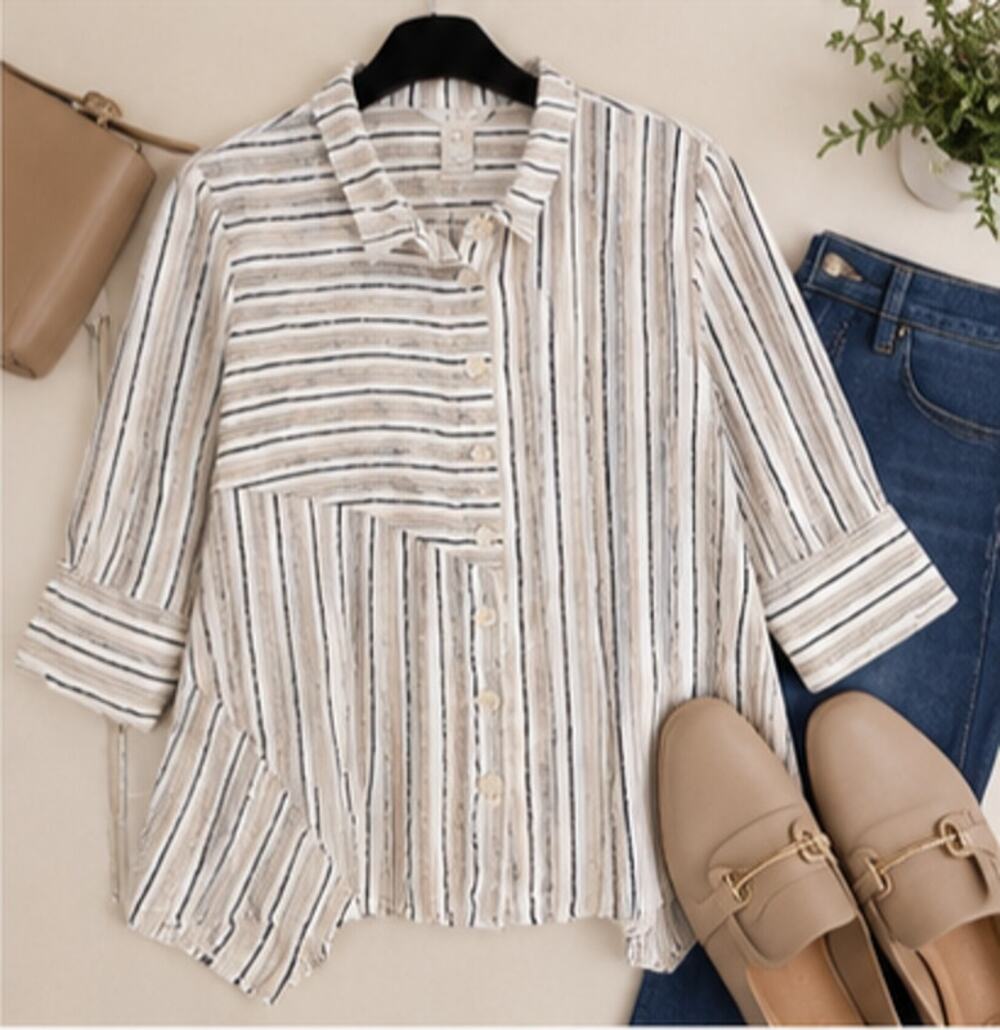 Ali Miles Linen Blend Shirt L Black White Striped Asymmetrical Button Up